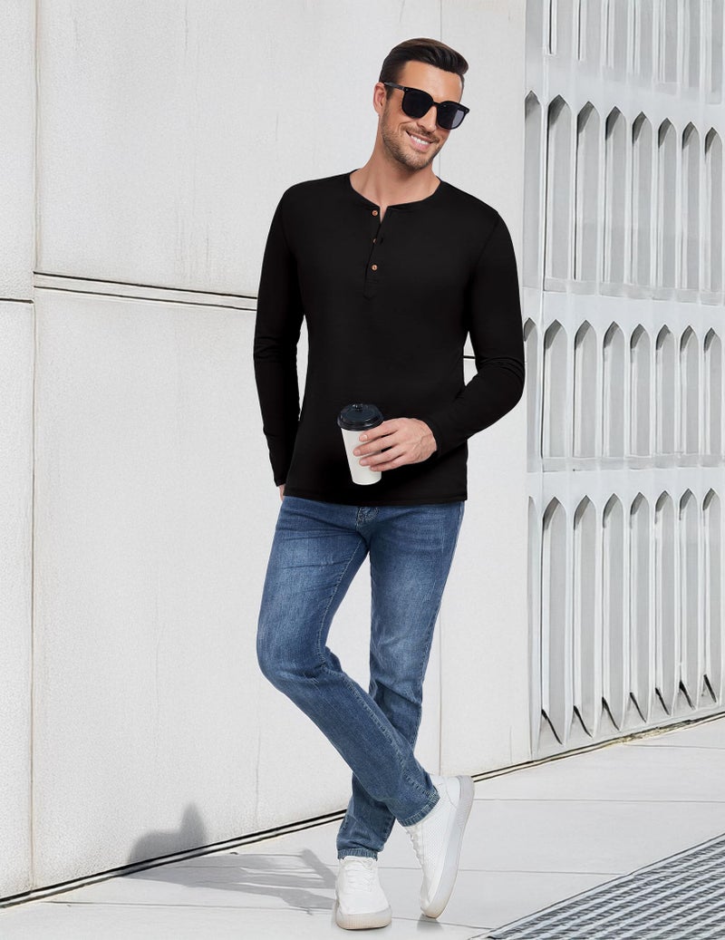 PEGENO Men's Casual Slim Fit Long Sleeve Henley T-Shirts Cotton Shirts (US Medium, A5 Black) - Image 5